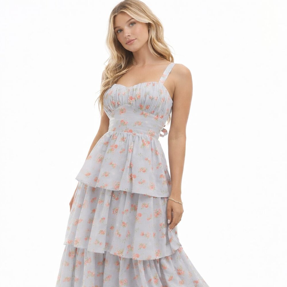 NWT Sz L Lace-Up Back Tiered Floral Blue Maxi Dress
